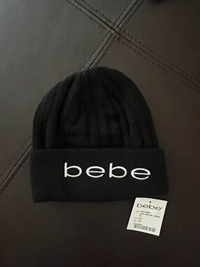 bebe Black Knit Beanie with White Logo - NWT